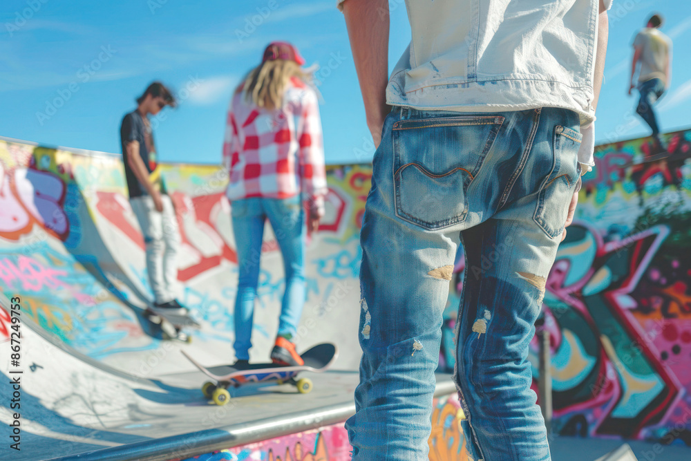 Casual Friends Wearing Trendy Jeans Posing at Bright Daylight Skate Park Casual Friends Wearing Trendy Jeans Posing at Bright Daylight Skate Park