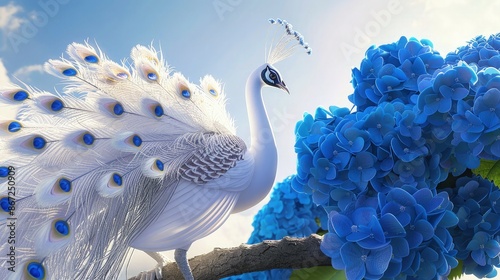 A whimsical 3D artwork of a white peacock with its feathers elegantly displayed, perched on a branch adorned with bright blue hydrangeas under a clear sky.