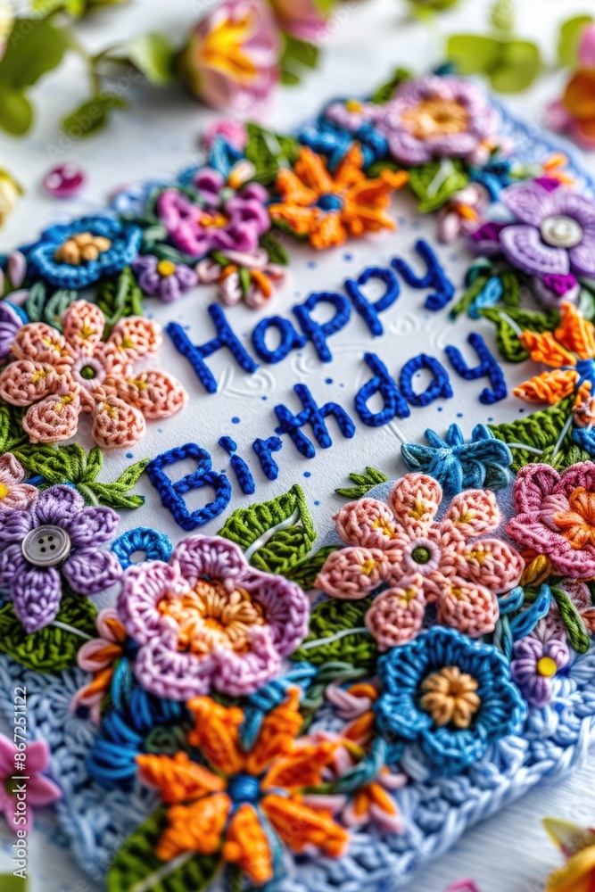 Fototapeta premium A festive birthday card with crocheted flowers, buttons, and 