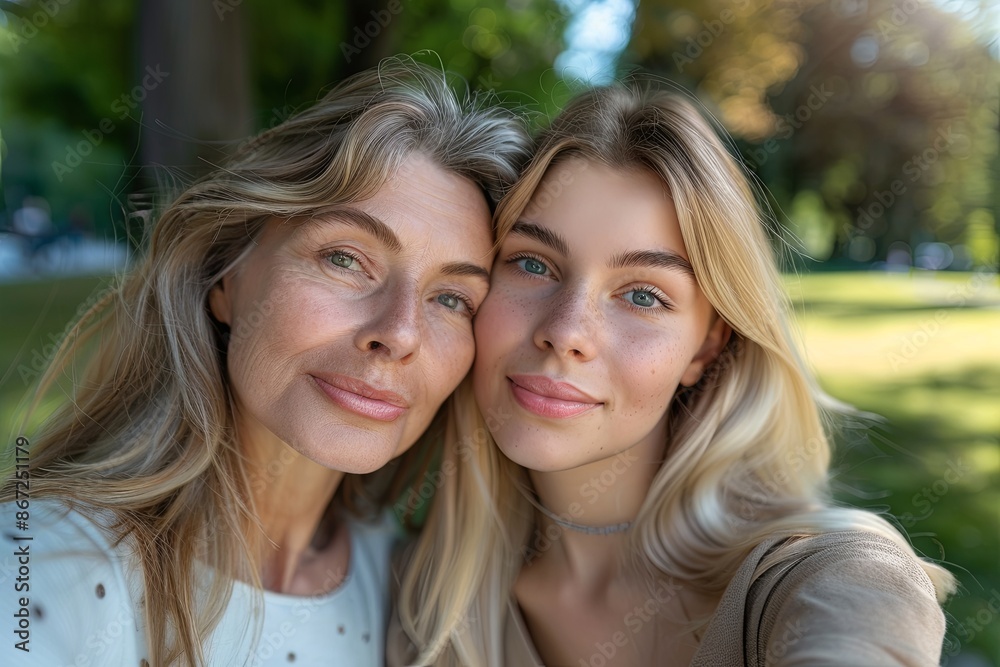 Mother and daughter smiled and took a selfie at the park Mother and daughter smiled and took a selfie at the park