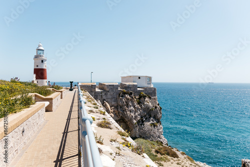 Gibraltar Lighthouse. The lighthous in Gibraltar at sunset on a rock by the shores of the Mediterranean Sea