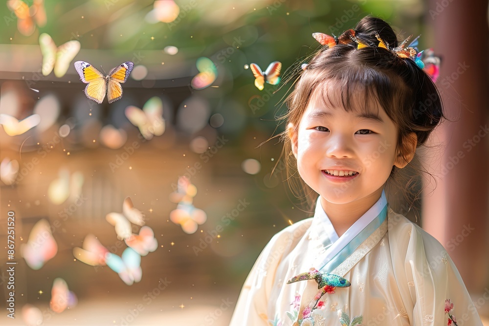 A cute little girl stood among the butterflies with a radiant smile
A cute little girl stood among the butterflies with a radiant smile
