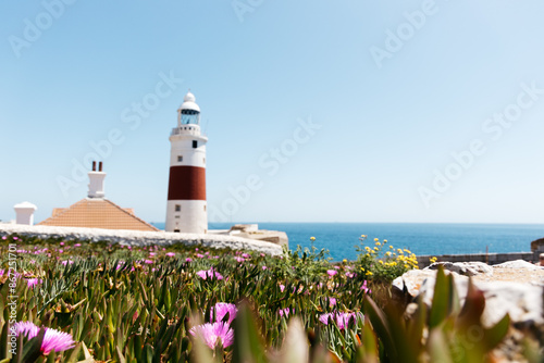 Gibraltar Lighthouse. The lighthous in Gibraltar at sunset on a rock by the shores of the Mediterranean Sea