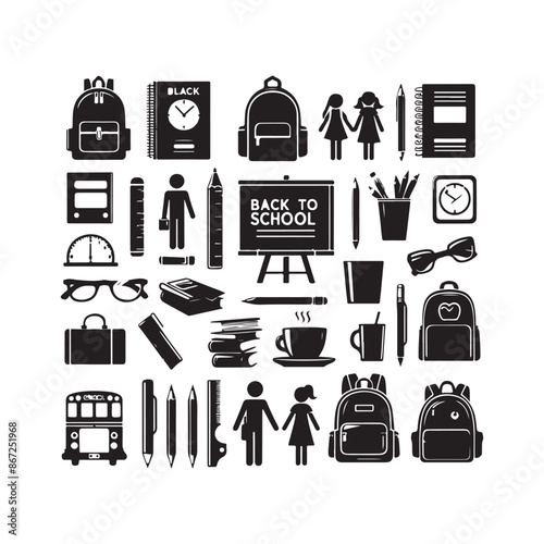 Back-to-school silhouettes set. Back to school element silhouettes vector illustration 