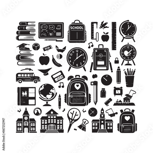 Back-to-school silhouettes set. Back to school element silhouettes vector illustration 