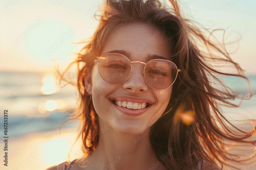 Beautiful young woman standing on the beach with a bright smile Beautiful young woman standing on the beach with a bright smile