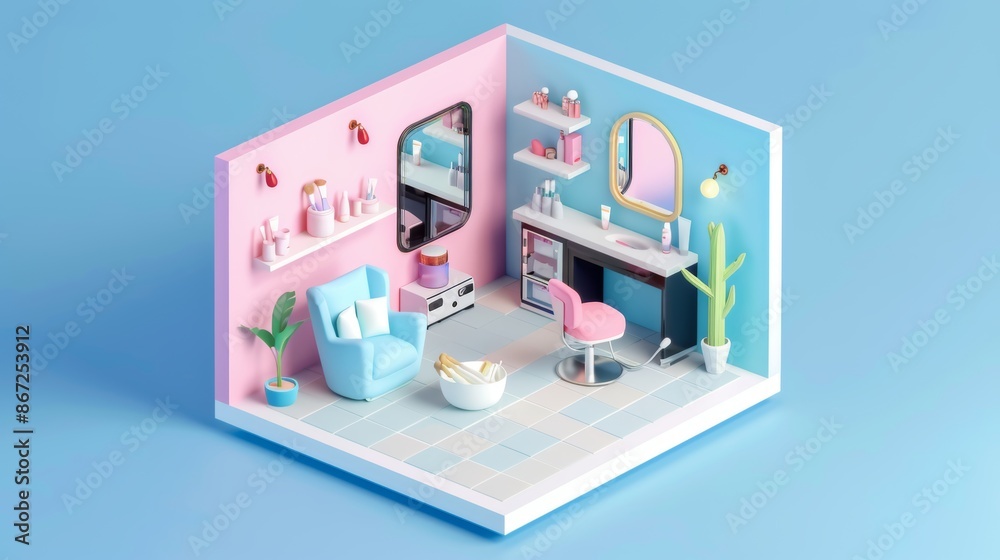 Obraz premium 3D isometric view of a beauty shop collection room
