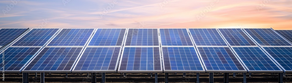 Solar panels in a field at sunset generating renewable energy from the sun, representing sustainable and eco-friendly technology. Solar panels in a field at sunset generating renewable energy from the sun, representing sustainable and eco-friendly technology.