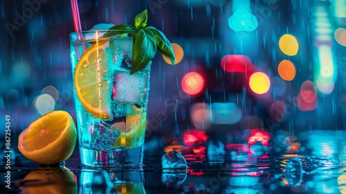 Refreshing Cocktail in Rainy Night Generative AI photo
