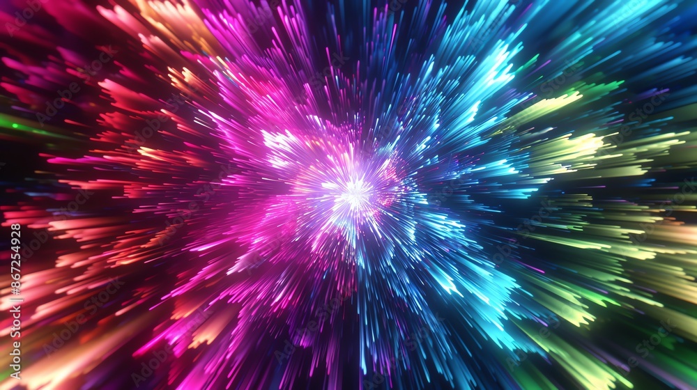 Abstract colorful light explosion with vibrant hues of pink, blue, and yellow, creating a dynamic and energetic display.