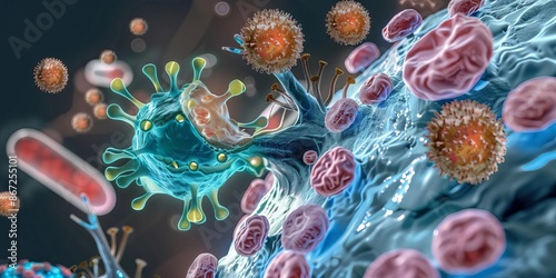 Cytokine storm targeting cancer cells, scientific depiction, intense response photo