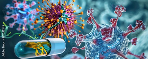 Immune checkpoint inhibitors in action, medical illustration, therapy mechanism photo