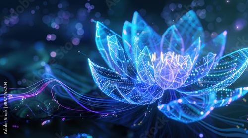 Glowing Blue Lotus in Digital Space