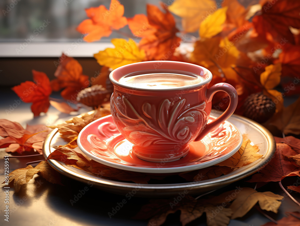 Fototapeta premium Eyecatching Mug with drink on autumn leaves