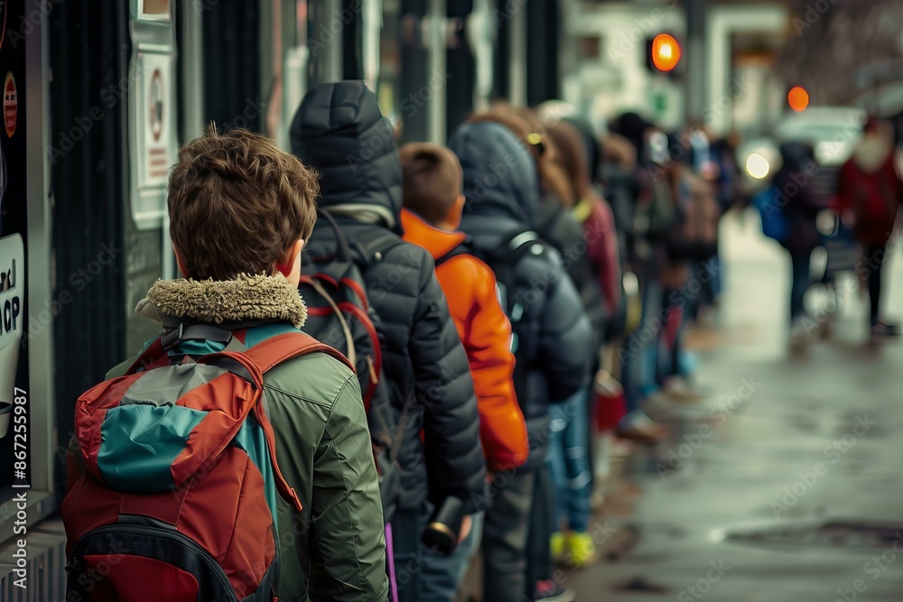 Large group of students wearing backpacks standing in line outside on a field trip in the city