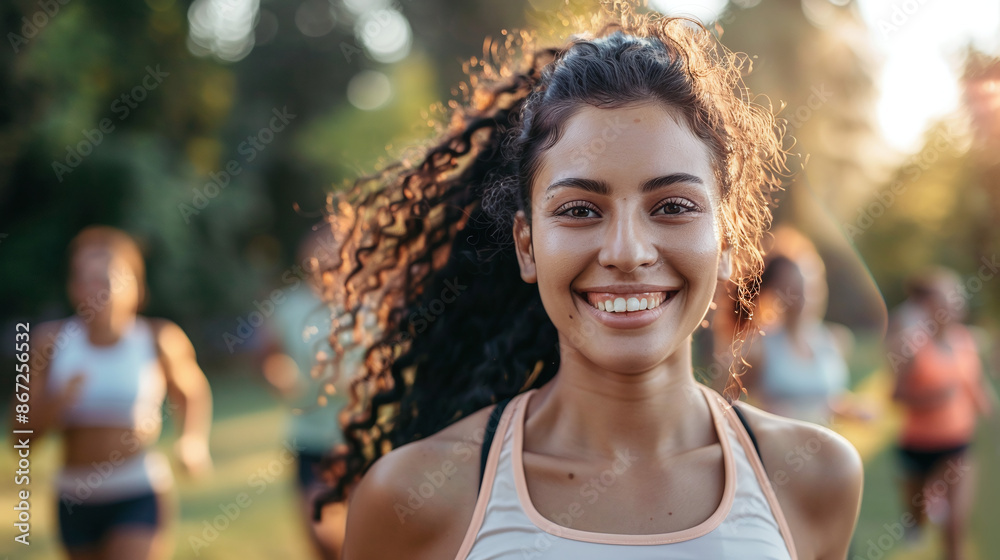 A young athletic woman runs a marathon in the park with other athletes A young athletic woman runs a marathon in the park with other athletes