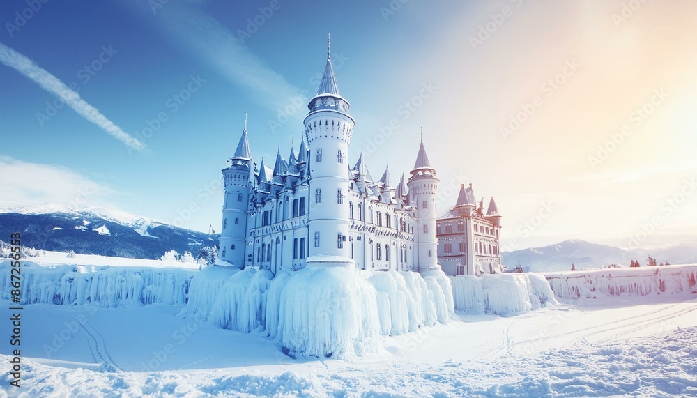 Obraz premium Ice Kingdom - A magnificent ice palace surrounded by snowy mountains and frosty landscapes.
