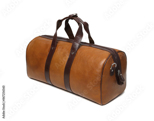 tan leather duffle gym bag isolated on white background	
