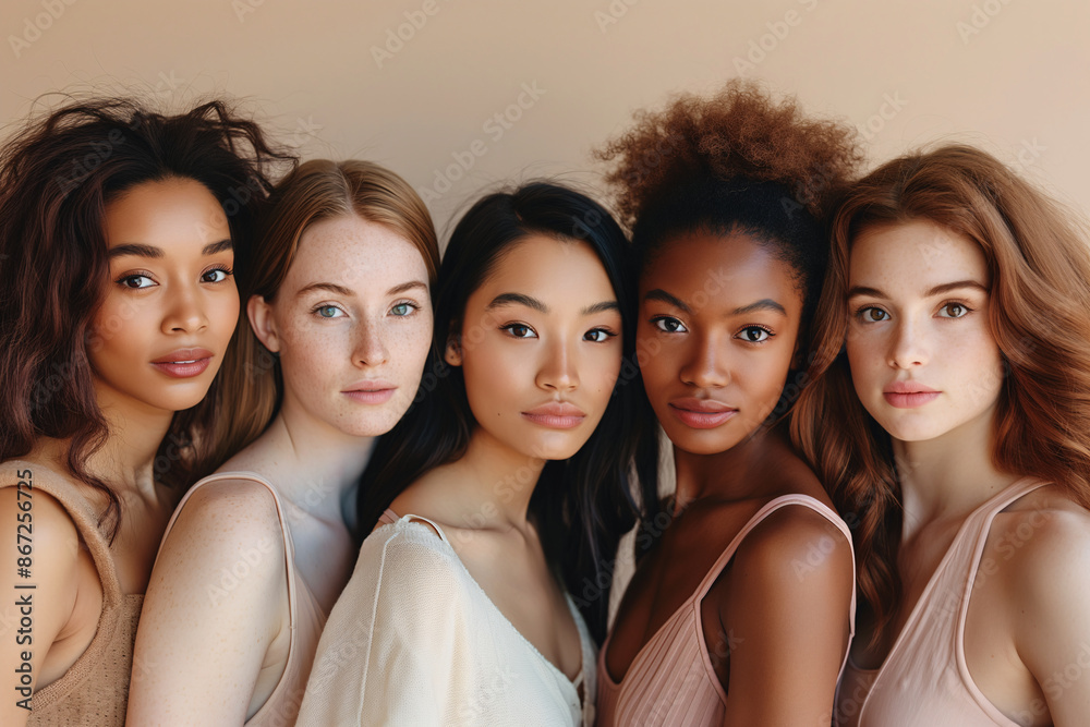 Obraz premium Five diverse young women with various skin tones and hair types, standing closely together, celebrating natural beauty and diversity in an elegant group portrait