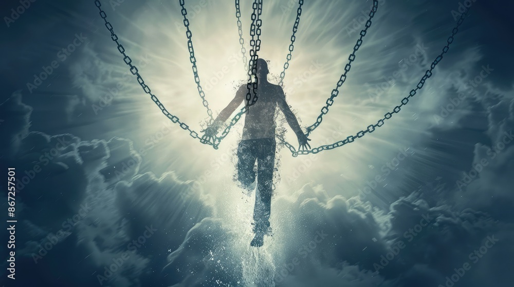 Fototapeta premium A person breaking free from chains, symbolizing freedom and liberation