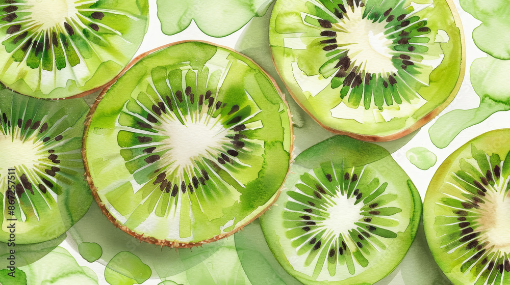 Fototapeta premium Fresh kiwi fruit slices with vibrant green color arranged in a visually appealing pattern, showcasing the natural texture and details of the fruit.