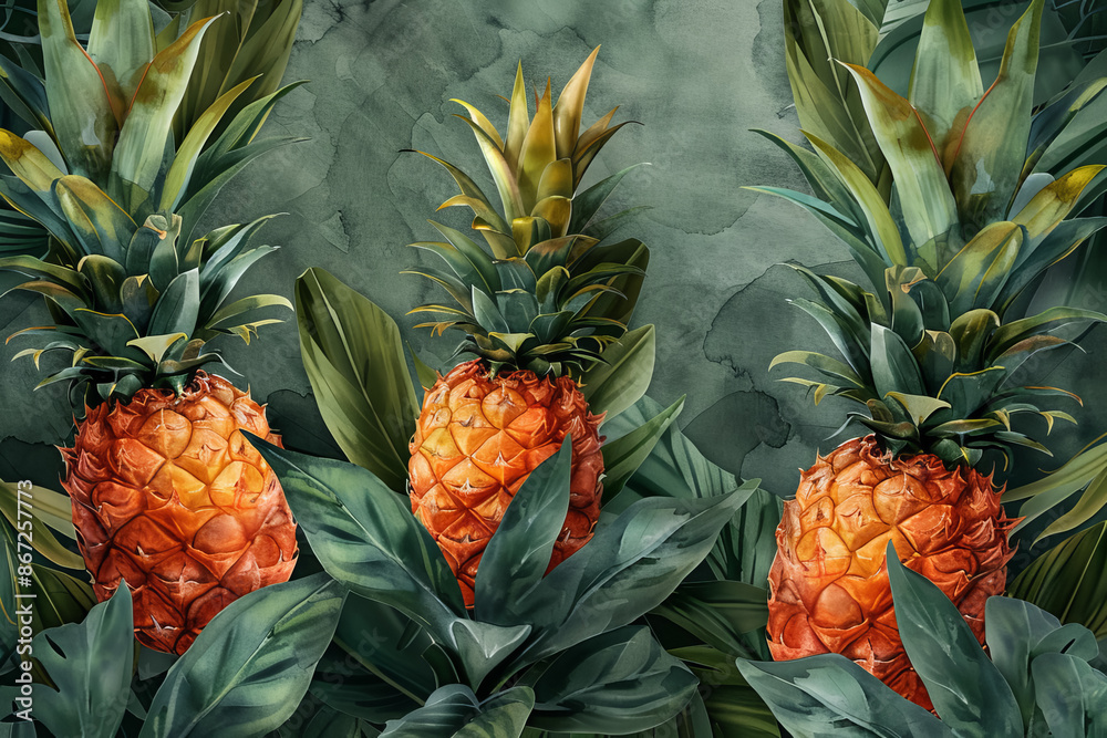 Fototapeta premium Three ripe pineapples surrounded by lush green leaves, creating a vibrant tropical scene.