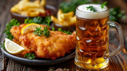 Traditional Wiener Schnitzel : with a lemon wedge, parsley garnish, and a glass of golden beer on the side.