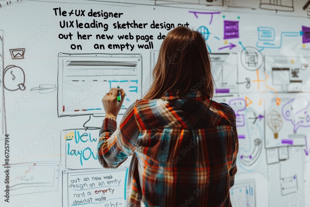 Fototapeta premium Woman in Plaid Shirt Designing a Web Page on a Whiteboard