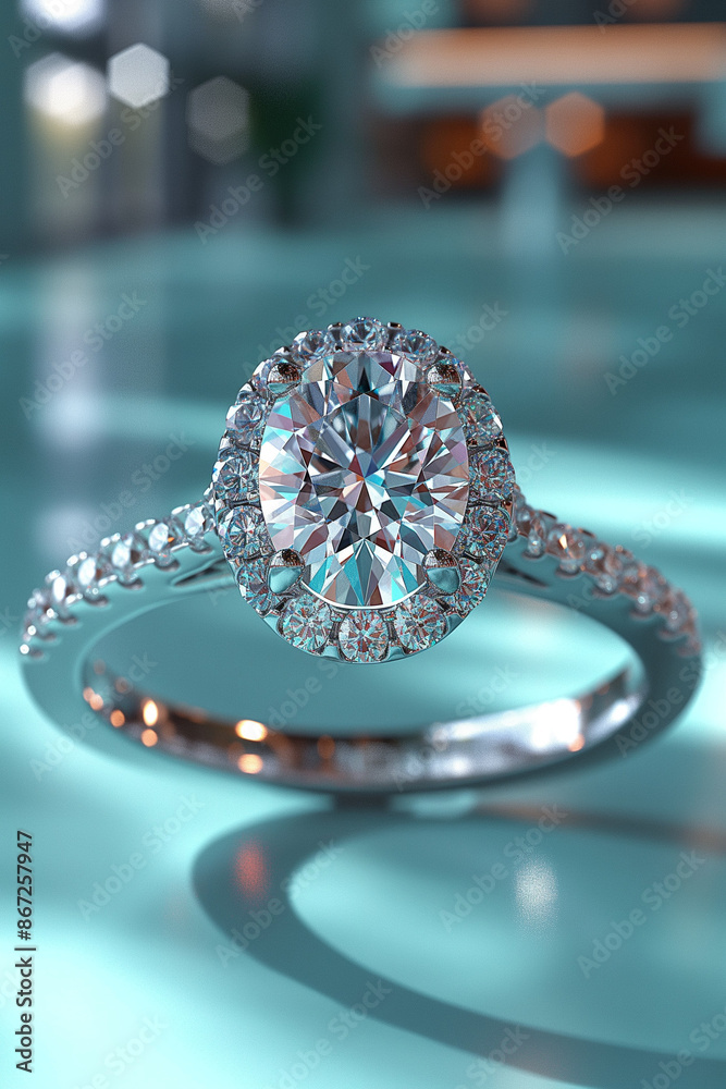 Simple Design of a Large Oval Cut Diamond Engagement Ring on Tiffany Blue Background
Simple Design of a Large Oval Cut Diamond Engagement Ring on Tiffany Blue Background