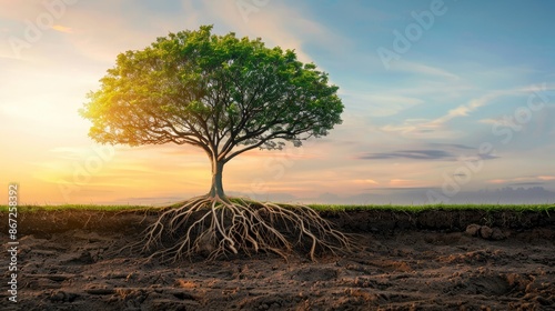 A tree with deep roots, symbolizing stability and foundation