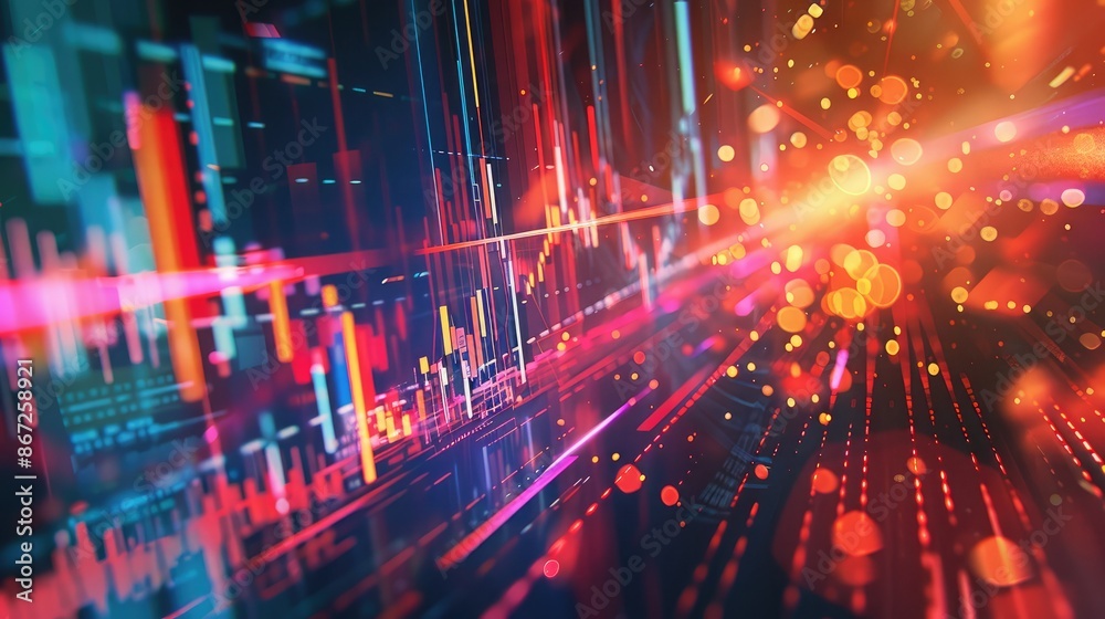 Abstract background featuring financial symbols and dynamic light streaks. Abstract background featuring financial symbols and dynamic light streaks.