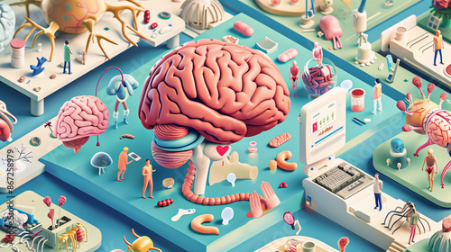 A detailed anatomical illustration transforms into a whimsical isometric diorama of the human body showcasing playful interactions between organs and systems High Quality High