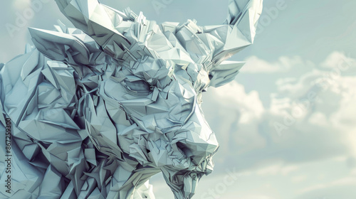 A hyperrealistic sculpture of a mythological creature crumbles into a lowpoly pixelated rendition exploring the contrast between permanence and the digital realm High Quality