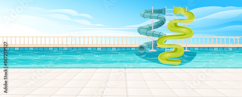 Beautiful clear pool with water park slides tube. Bright clear water in pool, colorful pipes. Vector illustration with sky on background