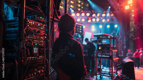 Concert crew arranging lighting and sound systems on stage