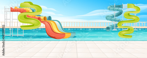 Beautiful clear pool with water park slides tube. Bright clear water in pool, colorful pipes. Vector illustration with sky on background