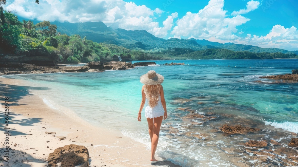 Appealing enticing charming woman photo on the beach with clear blue water in a tropical country, breathtaking landscape without people Appealing enticing charming woman photo on the beach with clear blue water in a tropical country, breathtaking landscape without people