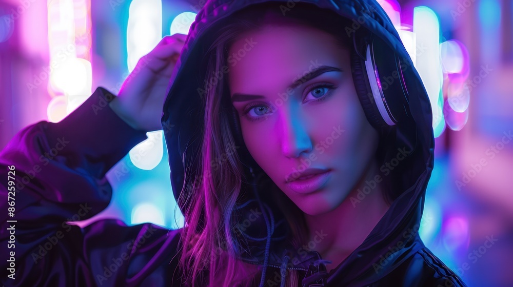 The woman with neon headphones The woman with neon headphones