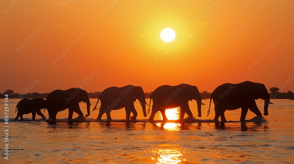 Fototapeta premium Elephants are spotted crossing the Chobe River at sunset, witnessed from a boat.