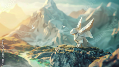 A low poly origami animal unfolds into a hyperrealistic creature within a stylized geometric landscape blending textures and dimensionality High Quality High Clarity Space fo