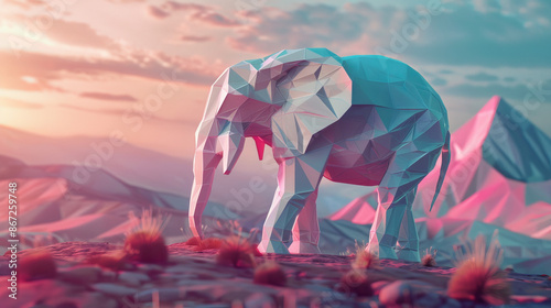 A low poly origami animal unfolds into a photorealistic creature within a stylized geometric landscape blending textures and dimensionality High Quality High Clarity Space fo