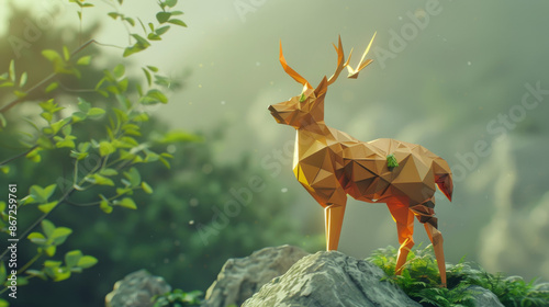 A low poly origami animal unfolds into a hyperrealistic creature within a stylized geometric landscape blending textures and dimensionality High Quality High Clarity Space fo