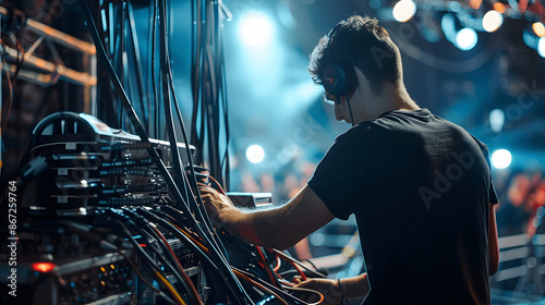 Concert crew organizing cables and testing sound systems on stage