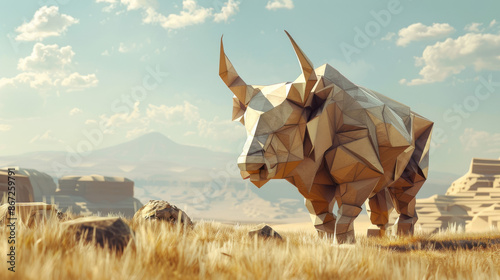 A low poly origami animal unfolds into a photorealistic creature within a stylized geometric landscape blending textures and dimensionality High Quality High Clarity Space fo