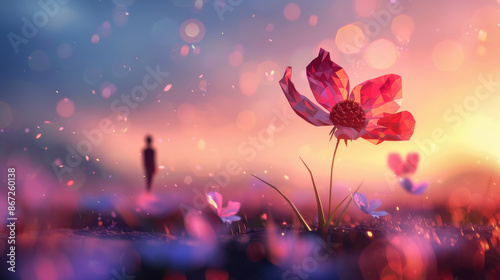 A lowpoly pixelated landscape with a silhouetted figure gazing upwards transforms into a photorealistic macro closeup of a flower with vibrant colors and delicate textures mir photo