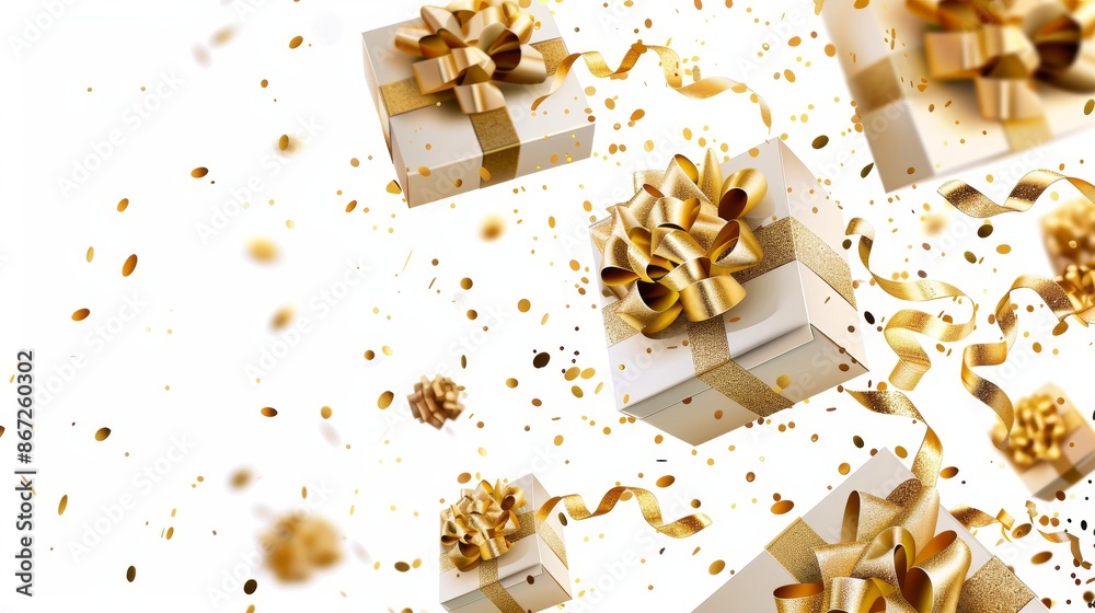 Gift boxes with golden bows and gold sequins confetti on a white background, flying and falling. Vector illustration. Gift boxes with golden bows and gold sequins confetti on a white background, flying and falling. Vector illustration.
