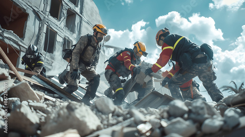 Rescue team responding to earthquake with protective gear