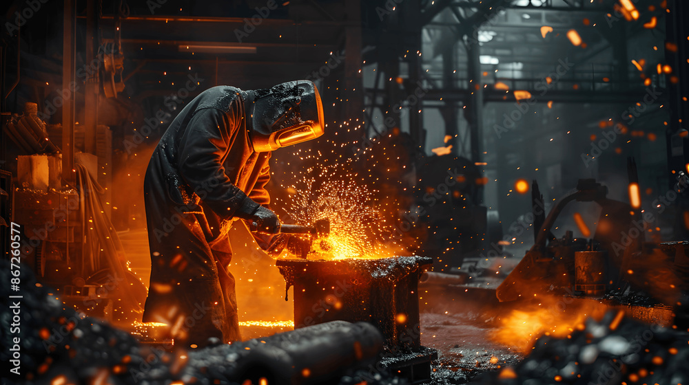 Steelworker handling molten metal in foundry with fiery glow Steelworker handling molten metal in foundry with fiery glow