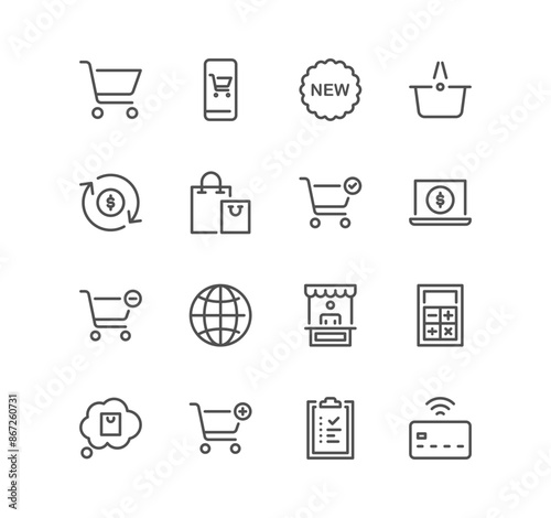 Set of e commerce and online shopping icons, mobile shop, discount, price, credit card and linear variety vectors.	
