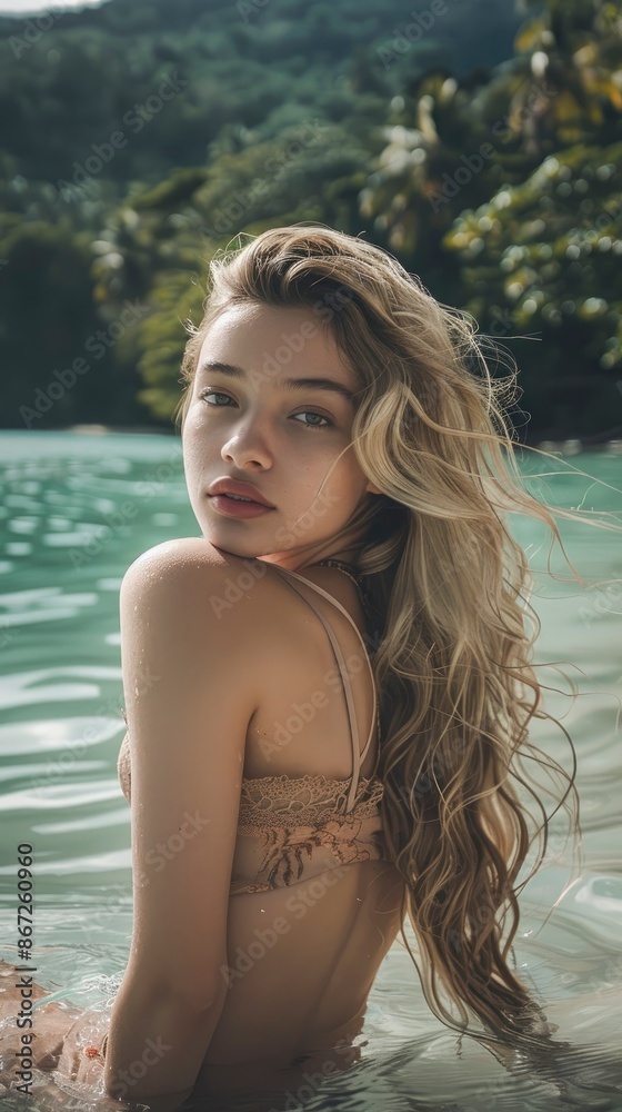 Attractive enchanting sensual woman portrait on the beach with clear blue water in a tropical country, breathtaking landscape without people with jungle and mountains in the background Attractive enchanting sensual woman portrait on the beach with clear blue water in a tropical country, breathtaking landscape without people with jungle and mountains in the background
